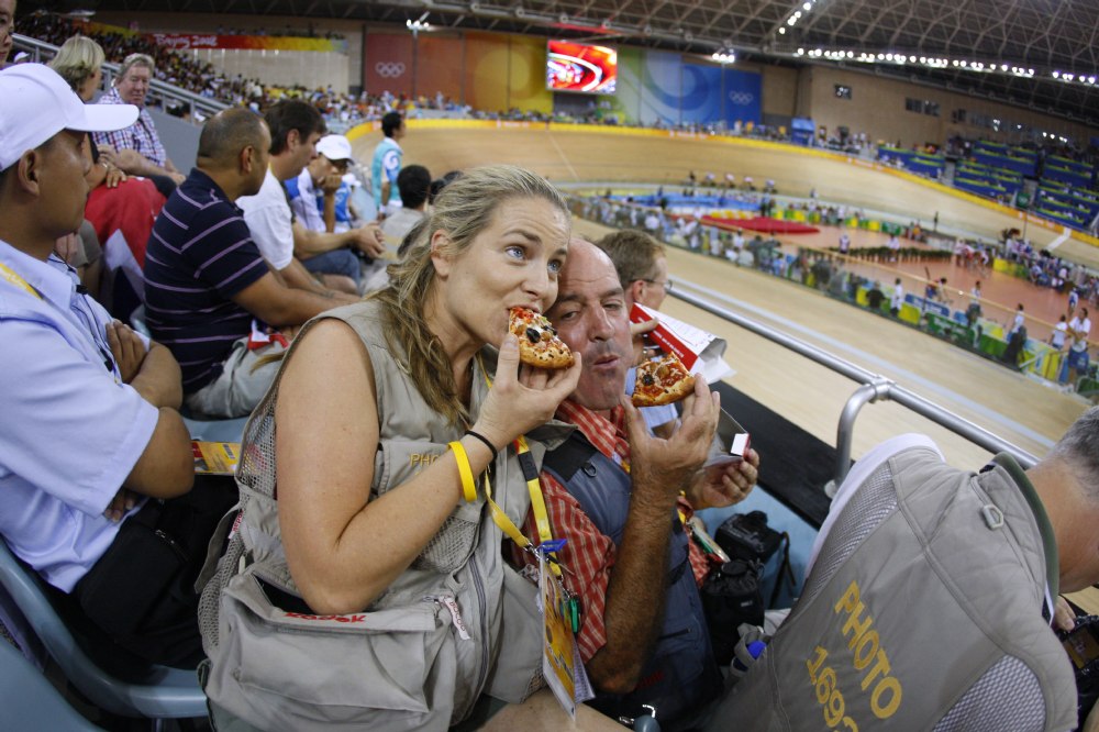 Graham and I have this thing about eating pizza together all over the world...Here we are at the Velodrome in Beijing.