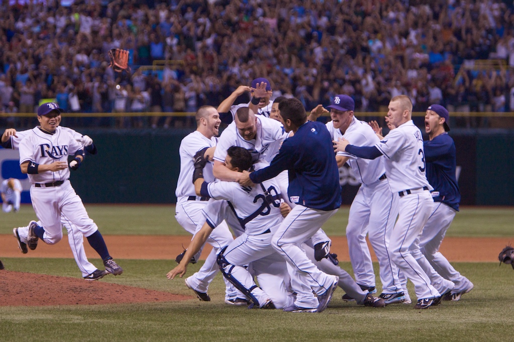 Tampa Bay Rays celebrate their American League Penant following Game 7 of the ALCS between the Boston Red Sox and the Tampa Bay Rays at Tropicana Field.