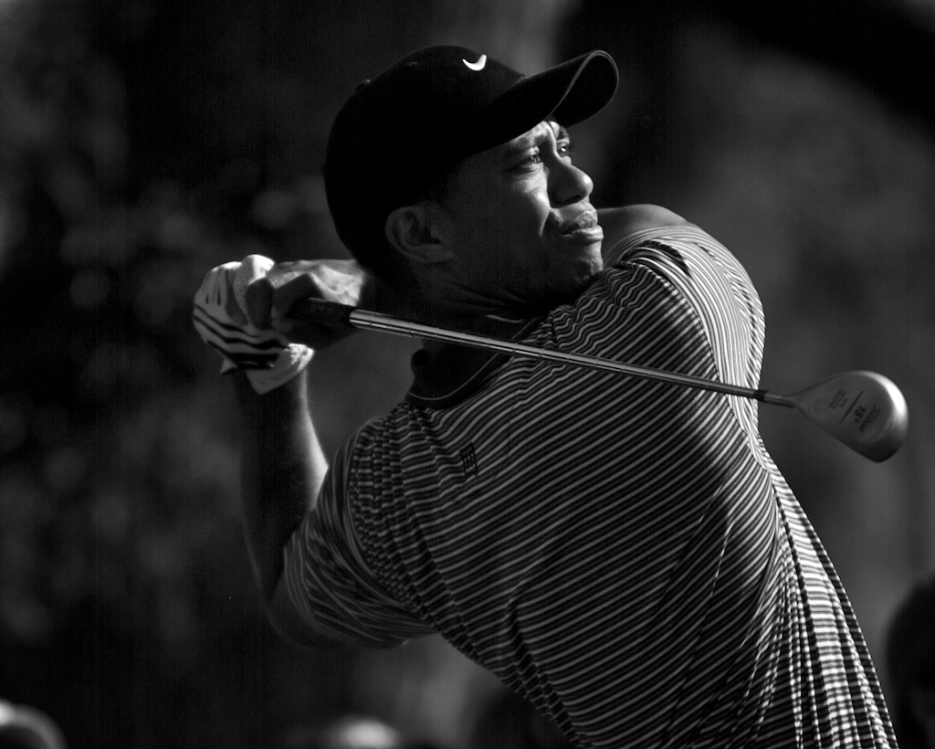 Golfer Tiger Woods watches his drive from the 7th tee during the second round of the Players Championship at TPC Sawgrass.