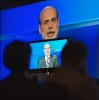 A television monitor projects United States Federal Reserve Chairman Ben Bernanke as he addresses the general session of Independent Community Bankers of America during the ICBA's Convention