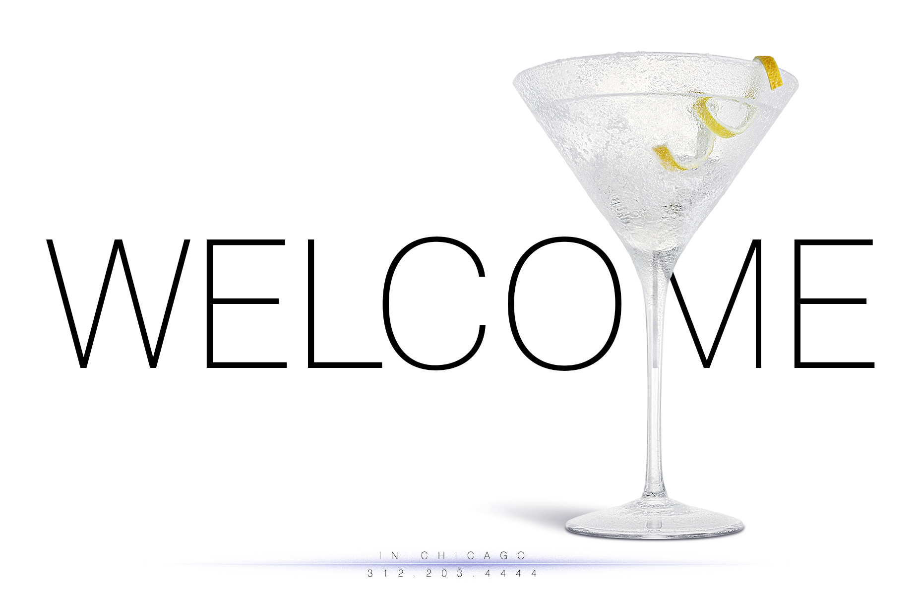 A simple welcome home page for the Zack Burris Photography web site includes a dry martini in a frozen glass with lemon twist on white. The camera angle is at 0º with light from the left and cropped in a landscape orientation.