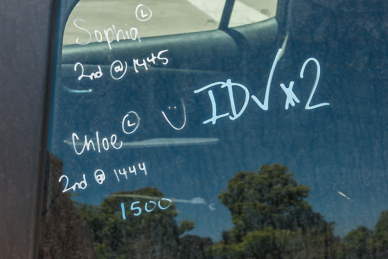 COVID-19 vaccination confirmation writen on car windows at the Goleta Cottage Hospital during the height of the pandemic.