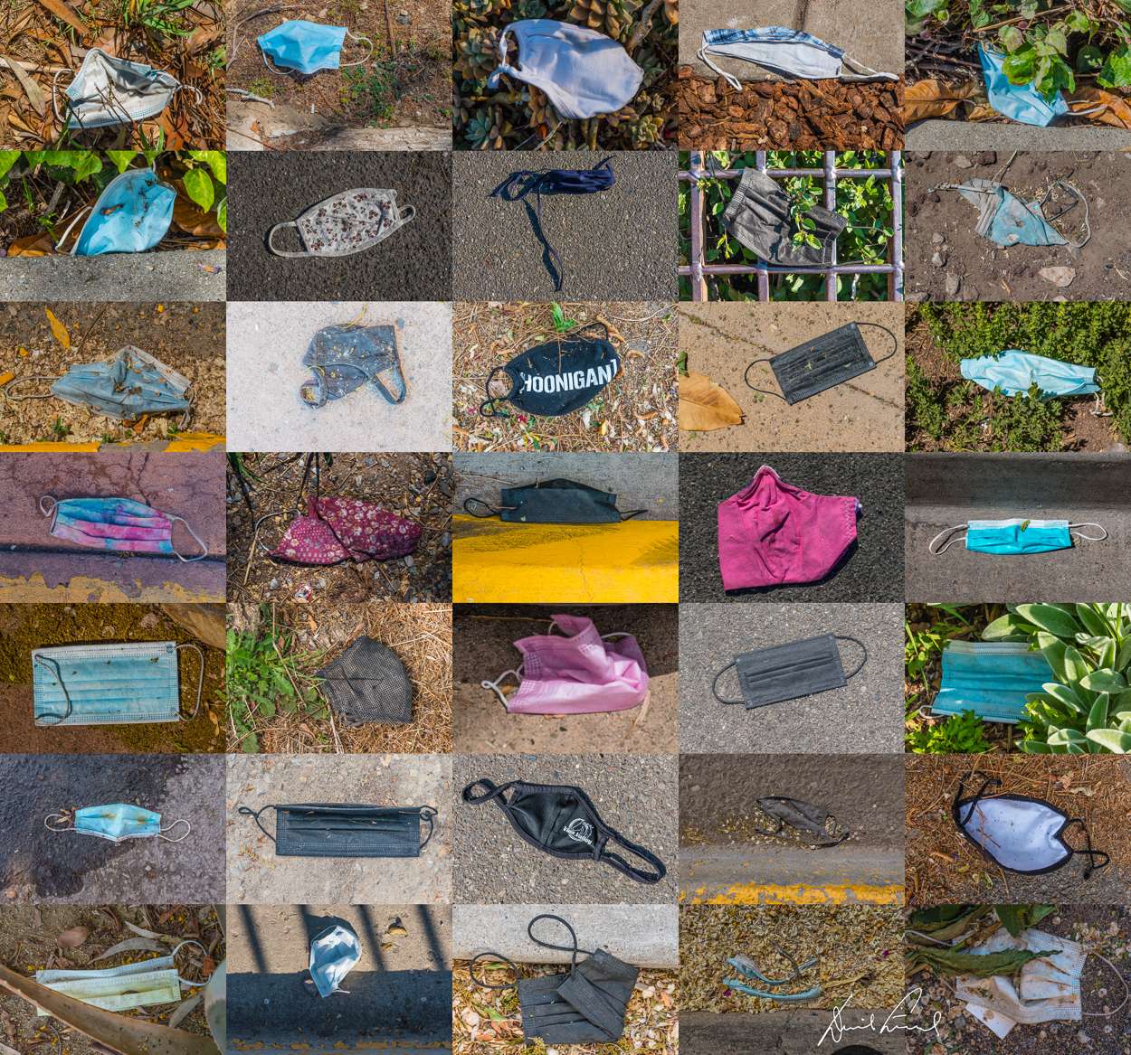 A collage of discarded face masks found tossed on the ground during the COVID-19 pandemic. This image is a part of the COVID-19 Project.