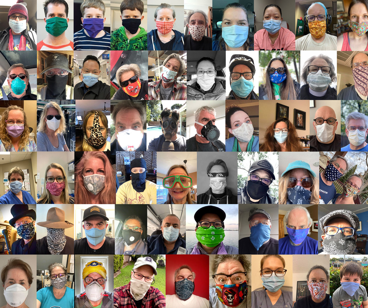 Collage of hundreds of Facebook followers wearing face masks who volunteered for this project during the COVID-19 pandemic. This image is a part of the COVID-19 Project.