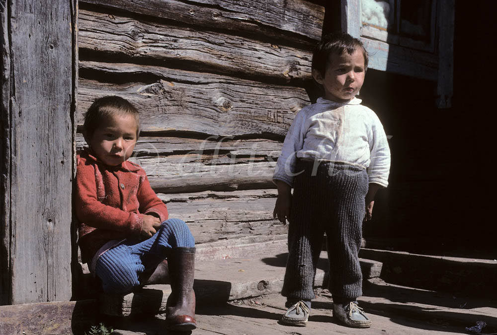 Two young Siberian boys in front of their log home in northern Siberia in the Krasnoyarsk Krai region. 