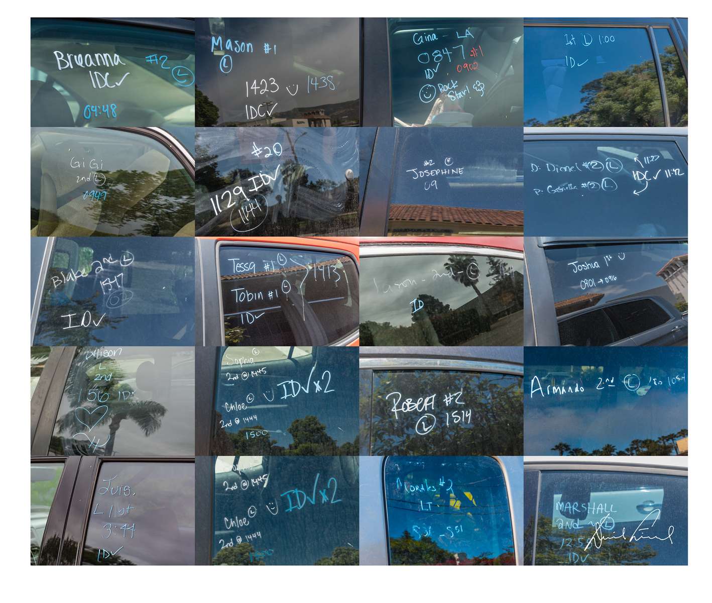 A collage of COVID-19 vaccination confirmations writen on car windows at the Goleta Cottage Hospital during the height of the pandemic. This image is a part of the COVID-19 Project.