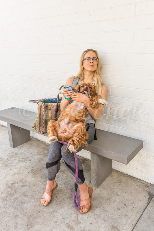 A humorous image of a 30s female sitting on a bench outside a building with her large dog lying on her lap, totally relaxed, upside-down with its underside showing in Santa Barbara, California.