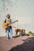 A guitar carrying man and his dog both wear sun glasses as they walk down State Street in Santa Barbara, California. A true Santa Barbara character.