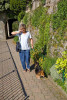 A middle aged Italian woman talks on her cell phone while walking her dog on the lakefront walkway in Varenna Italy on the shores of Lake Como. To purchase this image, please go to my stock agency click here.