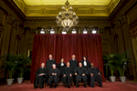 U.S. Supreme Court Justices gather for an official picture at the Supreme Court in Washington.  They are (1st row, L-R) Justice Anthony M. Kennedy, Justice John Paul Stevens, Chief Justice John Roberts, Justice Antonin Scalia, Justice Clarence Thomas (2nd row, L-R) Justice Samuel Alito, Justice Ruth Bader Ginsburg, Justice Stephen G. Breyer, and Justice Sonia Sotomayor. Photo by Brooks Kraft/Corbis