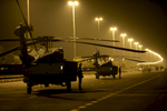 Marines wait for the arrival of U.S. President George W. Bush as two Marine One helicopters are parked on a closed-off road near Sowaihan in the United Arab Emirates January 13, 2008. Bush was the guest of honor at a dinner hosted by Abu Dhabi Crown Prince Sheikh Mohammed Bin Zayed Al Nahyan at his desert retreat. Photo by Brooks Kraft/Corbis