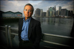 Sports media legend Mike Lupica photographed on the Brooklyn waterfront.