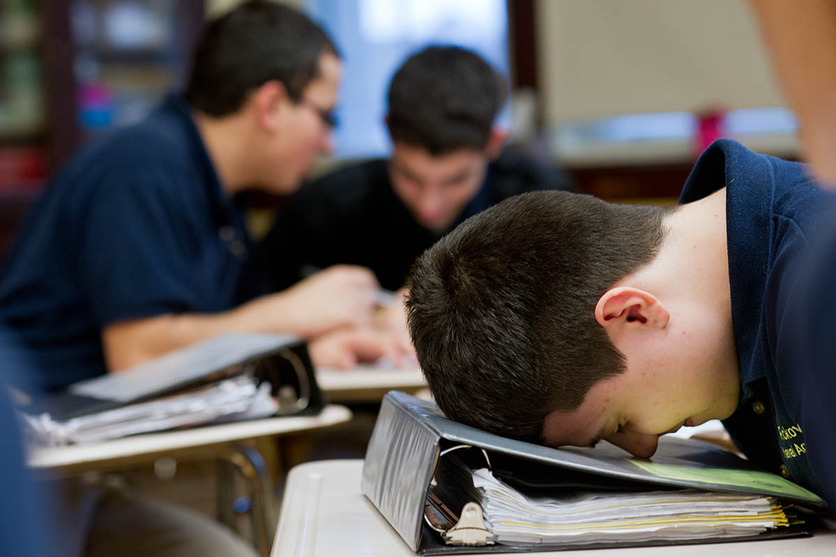 A student shows his frustration as he prepares for a class presentation at Rickover Naval Academy.