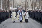 Rev. Thomas O'Hara, C.S.C., Provincial Superior of the Congregation of Holy Cross, leads the procession to the cemetery following the funeral Mass of President Emeritus Rev. Theodore M. Hesburgh, C.S.C., in the Basilica of the Sacred Heart. 