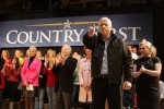 Republican presidential candidate John McCain gives thumbs up to supporters as he walks on stage during a rally at Strath Haven High School in Wallingford on November 2, 2008. Behind McCain (from the left) is his wife Cindy McCain, Senator Joe Lieberman and daughter Meghan McCain. 