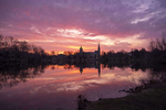 April 3, 2020; Sunrise over St. Mary’s Lake with campus in the background. (Photo by Barbara Johnston/University of Notre Dame)