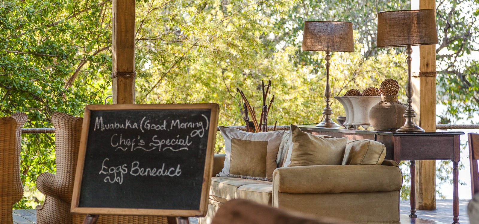 Early moring welcome sign in the dining area of Toka Leya Safari Camp. Photo © 2012 Jay Graham, all rights reserved
