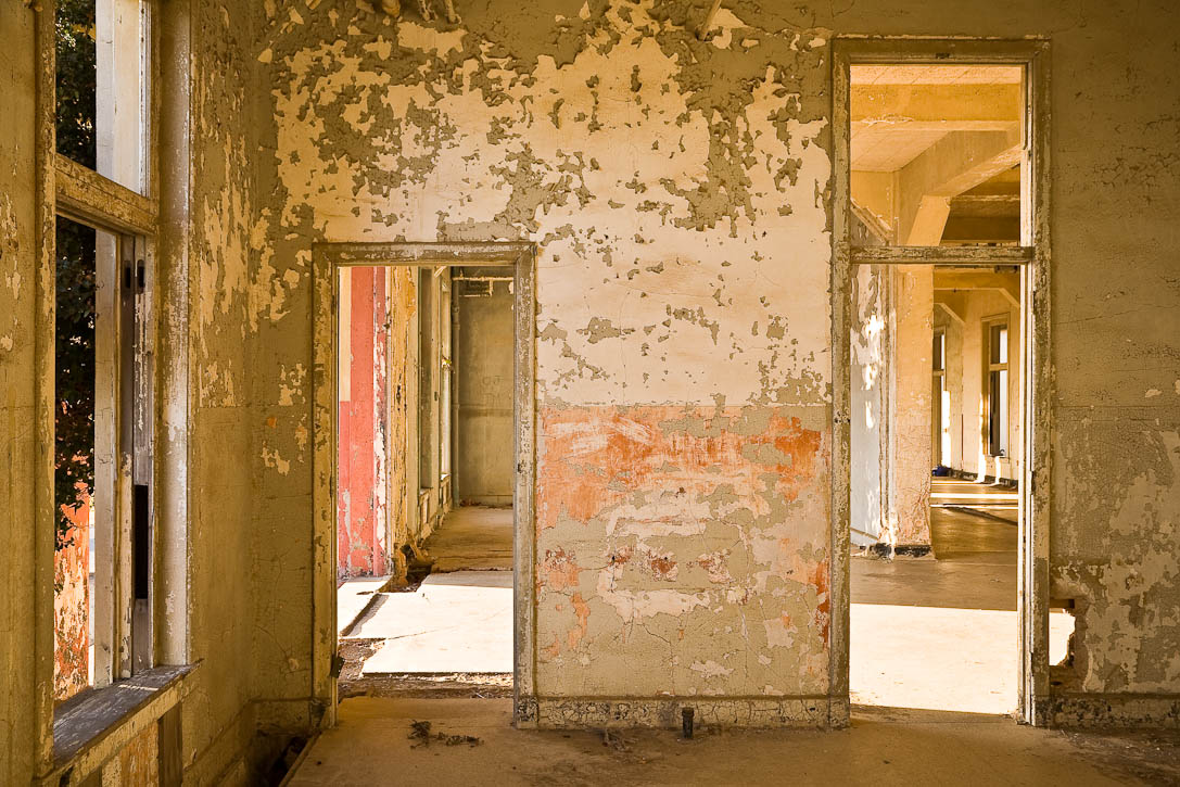 The hospital on Angel Island with early morning light streaming in through the doors and windows. Photo by Jay Graham