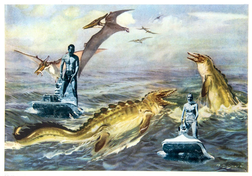 Pteranodon and Tylosaurus. The Lawrence’s enjoy jet skiing. Above them, in the ocean breeze frolicked a swarm of Pteranodons, a giant flying reptile. All are laid to rest now in the chalk beds of Western Kansas.