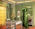 Green is a complex colour. Mary Wigman strikes a pensive pose in a deco dining room carried out in apple green and silver. A sense of space has been created by placing an engraved mirror above the silver painted fireplace. This room was designed by General Electric Company to show off various kinds of lighting, direct and indirect. (2014)