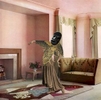 Mary Wigman strikes a pose wearing a peacock Inspired frock and African mask in a lovely pink drawing room designed by John Hill for Messrs Green & Abbott, Ltd. Colors of rose, grey, cream, ginger colour scheme predominate. The peacock top is an element from the James Abbott McNeill Whistler Peacock Room, at the Freer Gallery of Art, Washington, D.C. (2014)