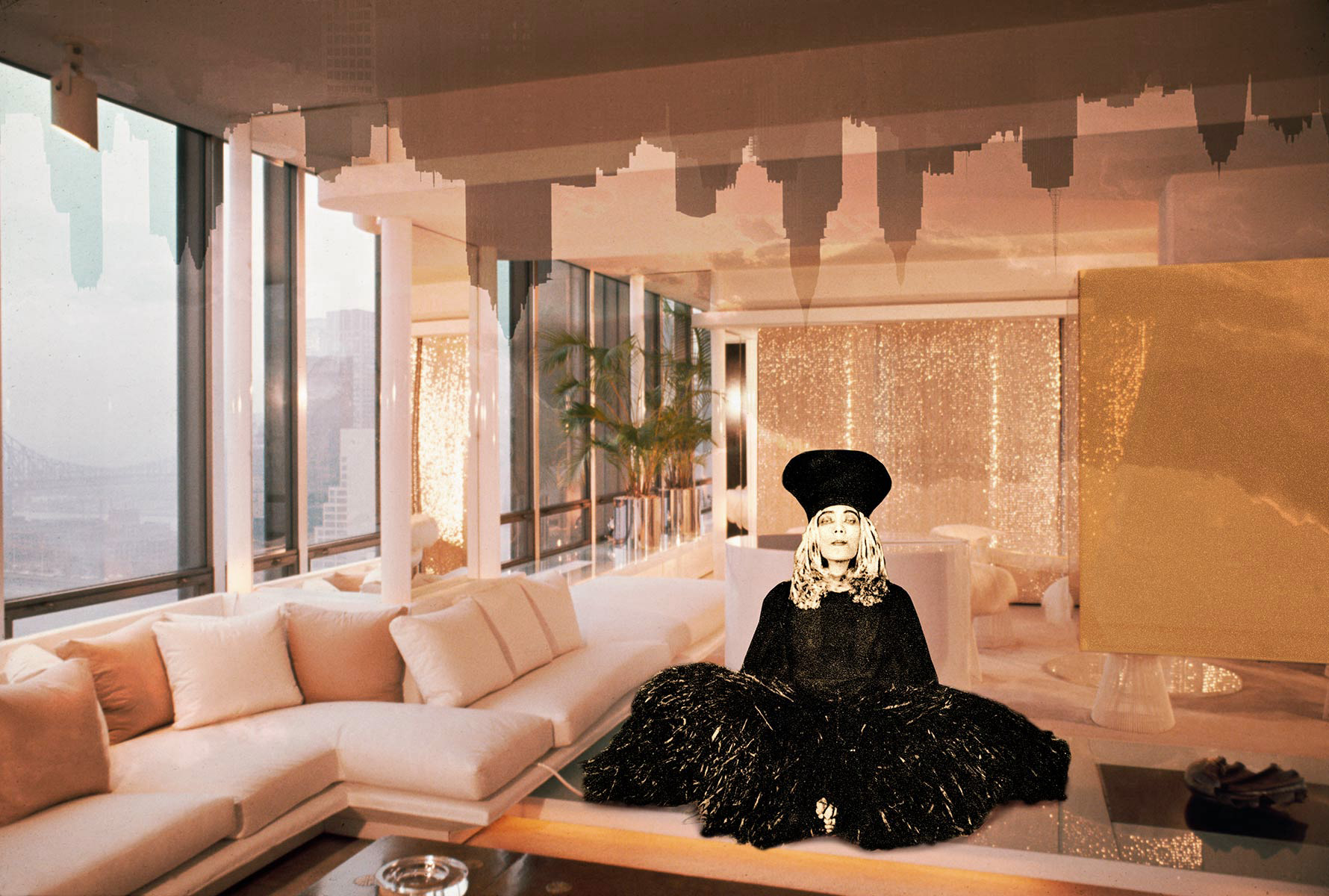 Mary Wigman commands your attention sitting in a warm toned modern living room of the Kaiser residence. The ceiling has an Abelardo Morell inspired theme projection. Room designed in 1967 by Paul Rudolph architect based in New York City. (2015)