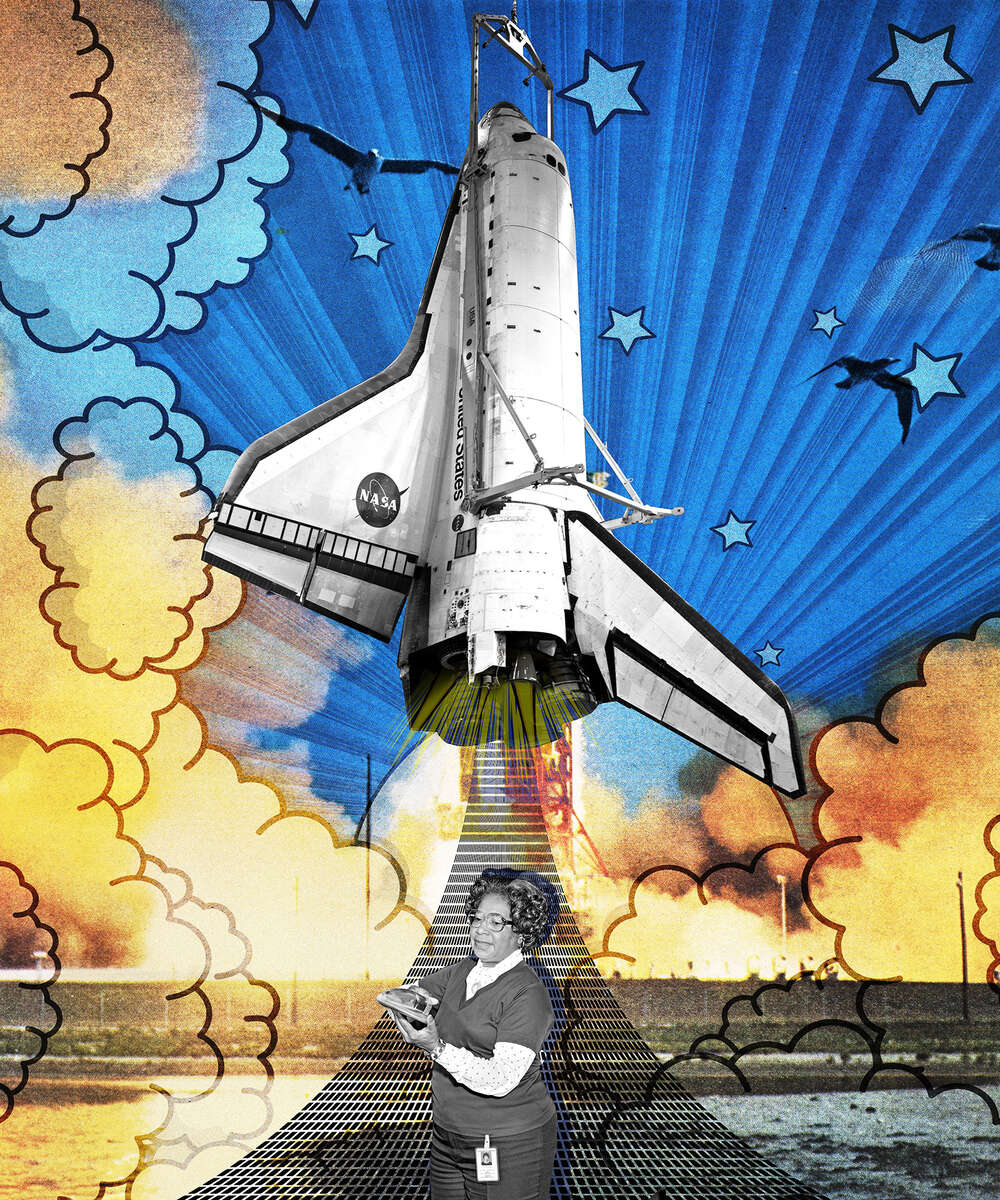 Artistic interpretation of Aeronautical Engineer Mary Jackson with NASA space shuttle model, 2019