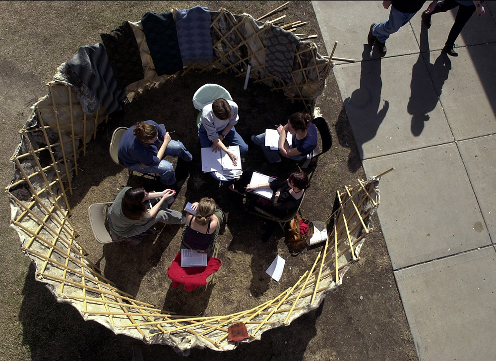 A partly completed Mongolian yurt offered refuge for an outdoor class for students at the Kansas City Art Institute.