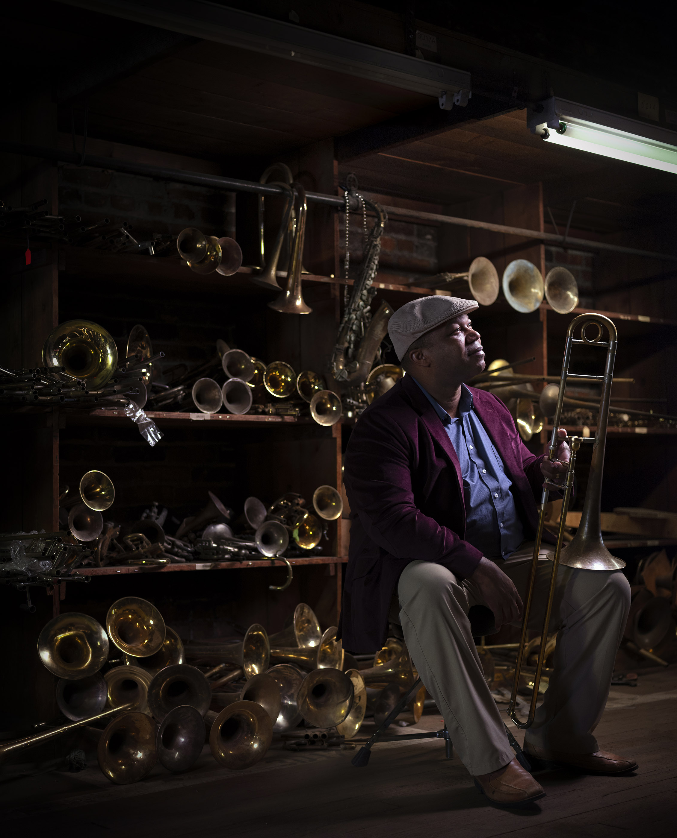 Portrait of jazz musician Marcus Lewis shot inside of Bac Horn Doctor in downtown Kansas City.