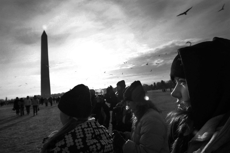 Molly Fay of Colorado's Mullen High stands near the Washington Monument prior to the swearing in ceremony during Barack Obama's inauguration as the 44th President of the United States in Washington, DC.  Photo by Matt McClain
