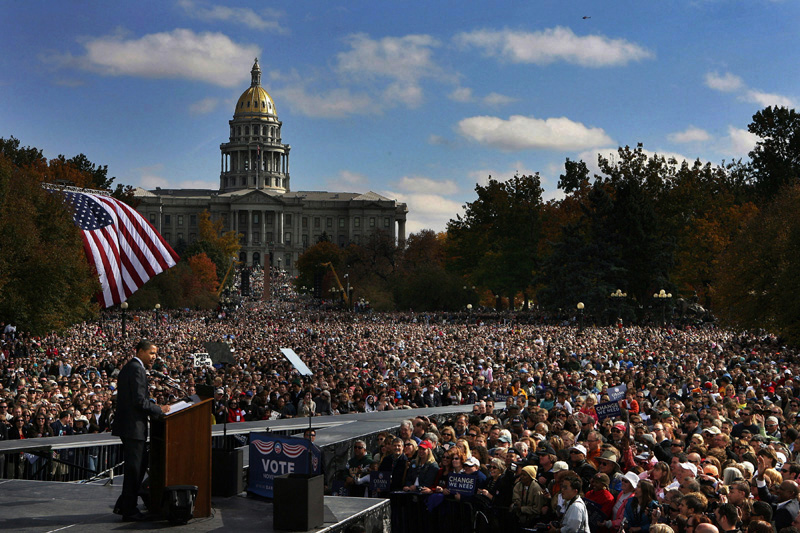 Presidential candidate, Barack Obama addresses a crowd of over 100,000 people  at Civic Center Park in downtown Denver, Colo.  Photo by Matt McClain