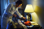 David King, 42, transforms himself into Elvis Presley in his hotel room at the Clarion Resort Fontainebleau Hotel before performing at the Ocean City Elvis Festival on Saturday October 24, 2015 in Ocean City, MD. 