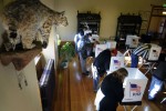 A mounted bobcat peers over the shoulder of voters as they cast their vote at the Gilpin County Courthouse in Central City, Colo. on Tuesday, Nov. 2, 2010.  Colorado was the site of a Governor's race as well as a hotly contested Senatorial race between Michael Bennet and Ken Buck.  (Photo by Matt McClain for Getty Images)
