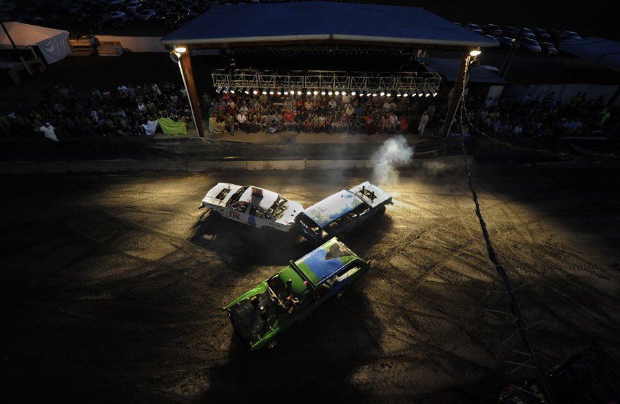 Cars collide during the demolition derby at the Shenandoah County Fair on Monday August 27, 2012 in Woodstock, VA.  