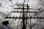 Cadets stand aloft as the ARC Gloria of the Columbian Navy arrives to dock in Alexandria, VA on Tuesday May 24, 2011.  The tall ship is used as a training vessel.  (Photo by Matt McClain/For The Washington Post)