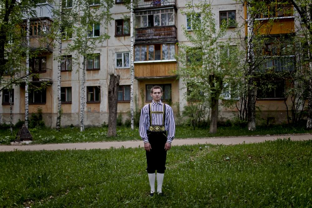 Edward Capyrin, a fourth generation Russian German stands for a portrait in a German folk costume in Syktyvkar, Russia. His great-grandmother was exiled to the Komi Republic in the 1940's.