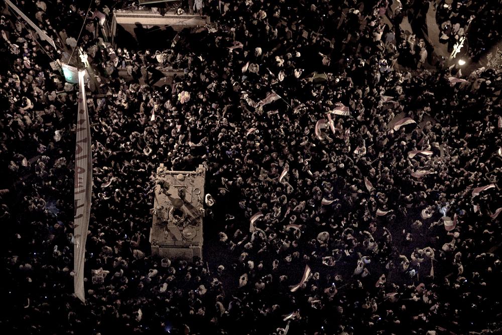 Thousands of Egyptians pour into Tahrir Square after hearing news that Egyptian President Hosni Mubarak has resigned. Cairo, February 11, 2011