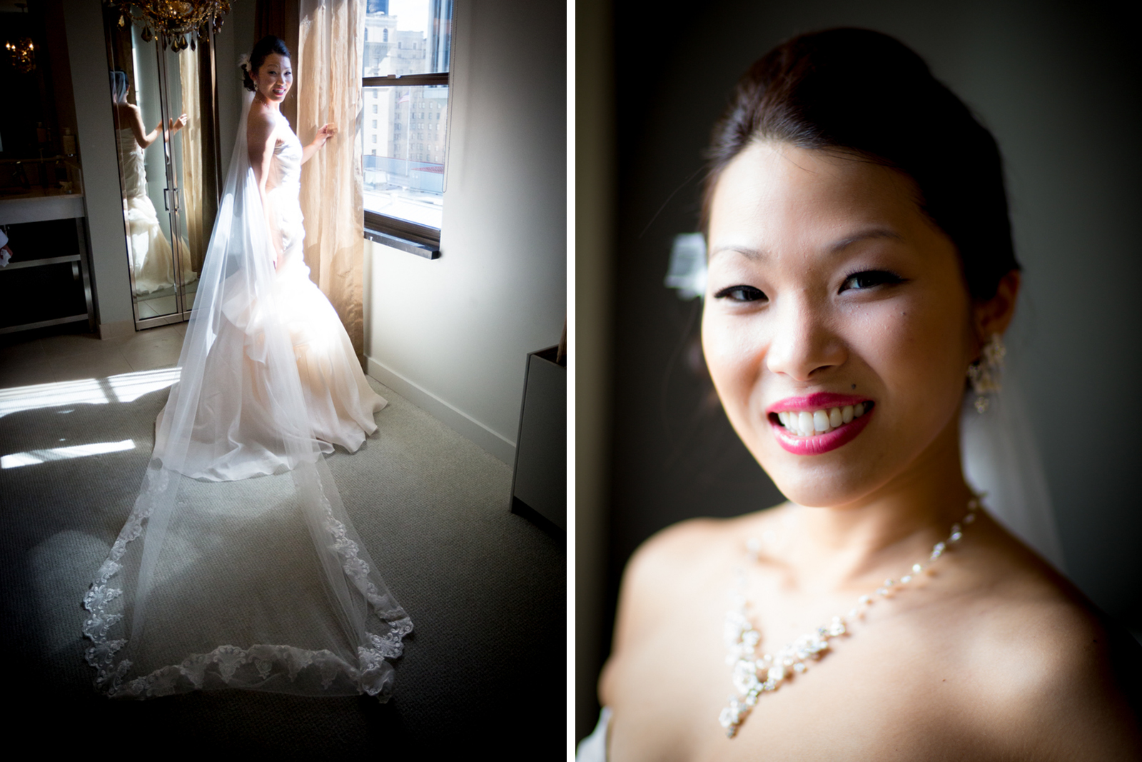 A portrait of the bride as she finishes getting ready at Washington Athletic Club (WAC) prior to the start of her wedding at the Seattle Aquarium. (Wedding Photography by Scott Eklund - Red Box Pictures)
