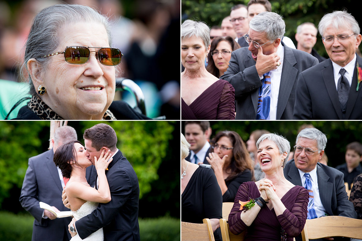 Family and friends react as the bride and groom kiss during their wedding ceremony at Cedarbrook Lodge in Seattle, Washington. (Wedding Photography by Scott Eklund - Red Box Pictures)