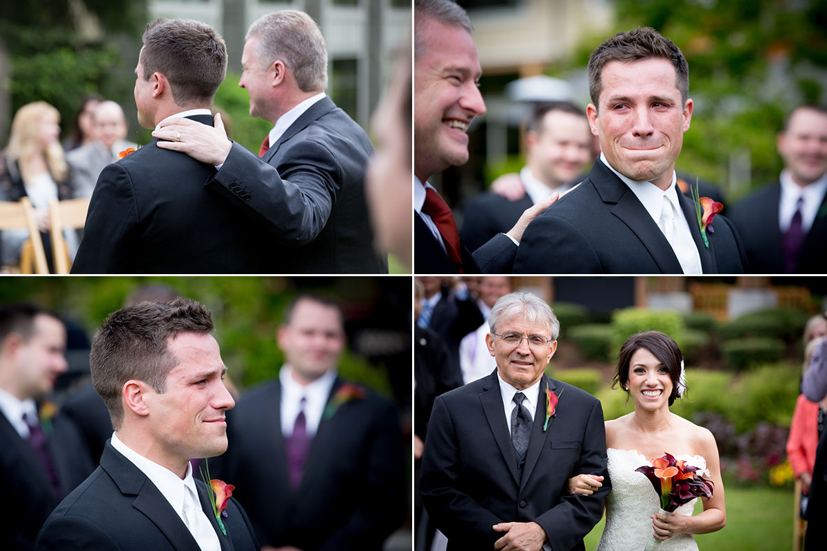 The groom becomes emotional as he sees the bride walk down the aisle with her father during their wedding ceremony at Cedarbrook Lodge in Seattle, Washington. (Wedding Photography by Scott Eklund - Red Box Pictures)