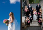 Pauline soaks up the sun at her wedding and a portrait on the stone stairs with her wedding party at the Golf Club at Newcastle near Seattle. (Wedding Photography by Scott Eklund/Red Box Pictures)