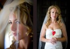 Pauline with her veil down and holding a glass of wine with a red heart on it, that she hand painted, just before the start of her wedding at the Golf Club at Newcastle. (Wedding Photography by Scott Eklund/Red Box Pictures)