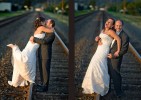 Matt & Michelle laugh as they walk along the railroad tracks in Sumner, Washington after their wedding at The Attic. (Photography by Scott Eklund/Red Box Pictures)