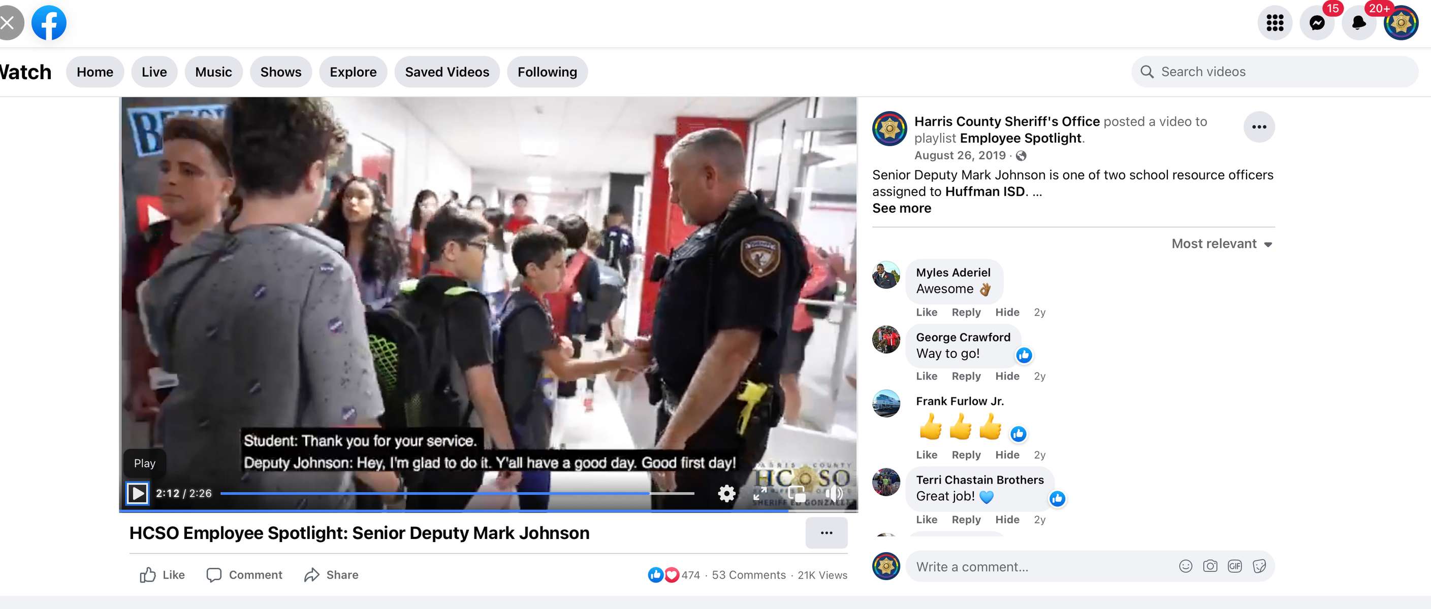 https://fb.watch/drQXEPHceF/https://www.instagram.com/tv/B1oaIsEAHvU/?utm_source=ig_web_copy_linkSenior Deputy Mark Johnson is one of two school resource officers assigned to Huffman ISD.{quote}Working in schools, a lot of times the only time that students come in contact with law enforcement is with that school resource officer that’s assigned to their school,” said Johnson.{quote}They know you enough to know in passing that you’re someone they can trust when they do need help. Even indirectly it helps to forge relationships just by being there.”