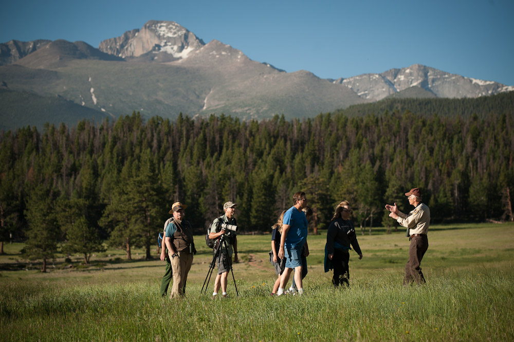 Rocky Mountain National Park volunteers conduct many outdoor education experiences for visitors including a bird watching tour led by Ronald Harden.