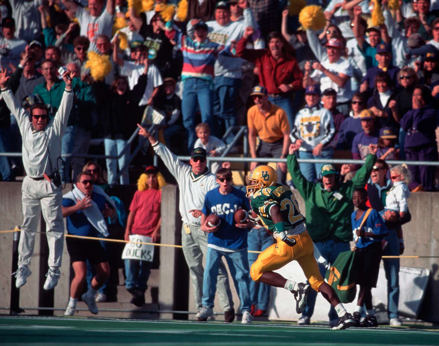 Oregon's Kenny Wheaton returns an interception against Washington in 1994 for a game-winning touchdown starting the Ducks on the path to the 1995 Rose Bowl.