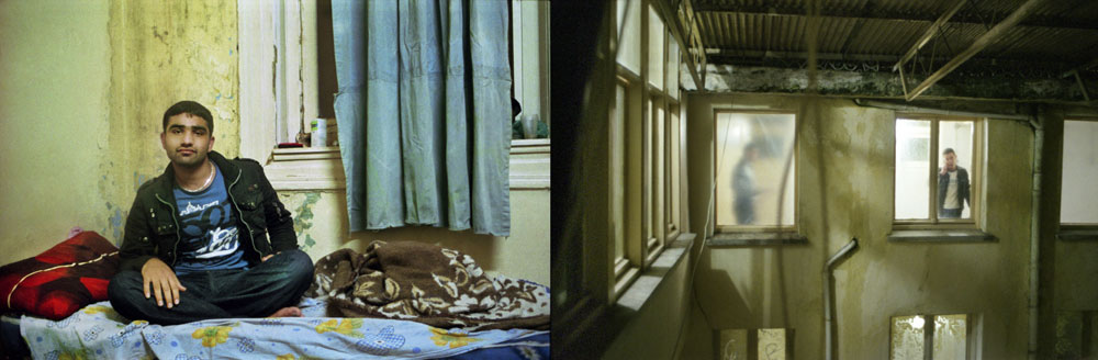 (Left)Turkey, Izmir Inside a room an Afghan man sitting on his bed. Men and woman sleep seperately in the hotel unless they have a family. In general they mingle with people of the same origin.(Right)Turkey, Izmir The hotel often seemed like a labyrinth. Hidden doors and people would suddenly appear.