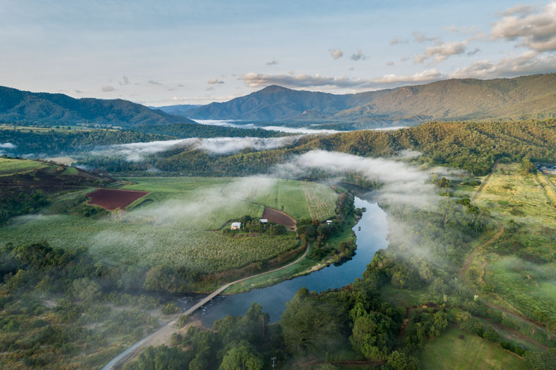 Aerial view of morning mist over cane farms in the Goldsborough Valley, Cairns