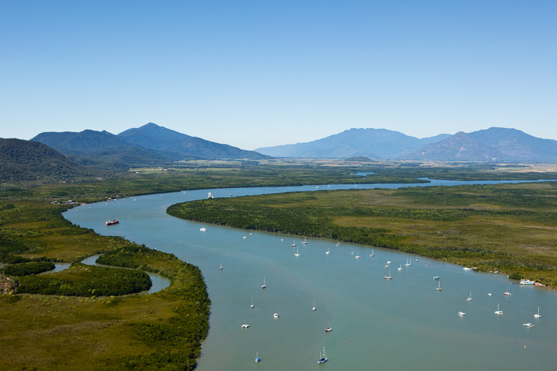 Aerial view along mangrove waterways of the Cairns Inlet