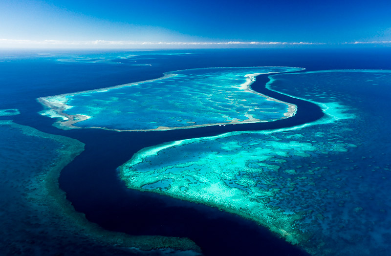Aerial view of channel running between Hardys Reef, Hook Reef and Line Reef in the Great Barrier Reef Marine Park, Whitsundays